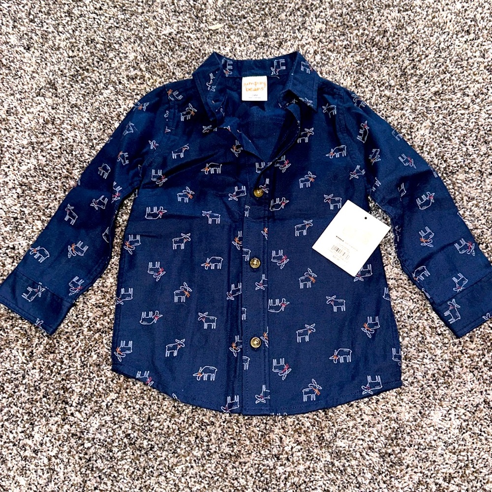 NWT Jumping Beans Brand 24 Months Blue Button Up Reindeer Shirt